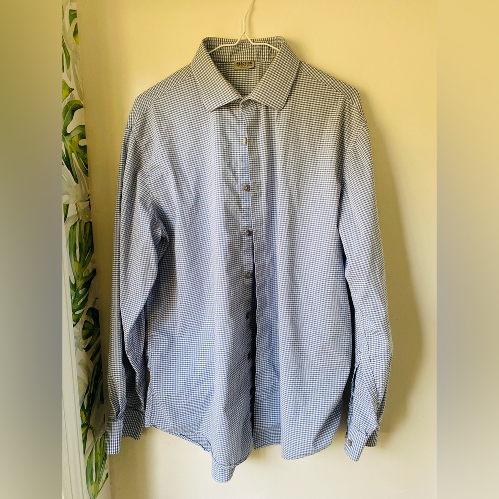 ✨Reaction Kenneth Cole Men’s Light Blue & White Plaid Dress Shirt | 17 | 34/35✨